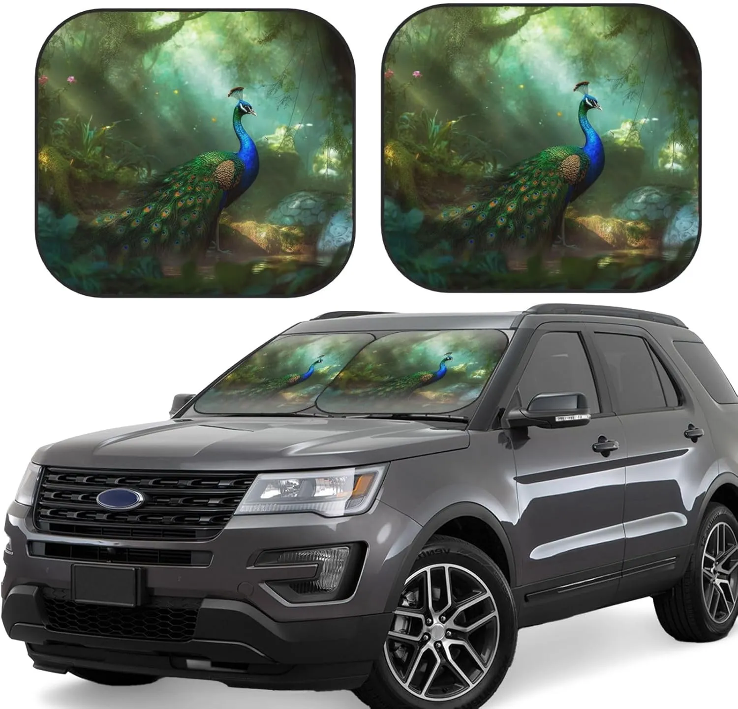 Peacock in Forest Windshield Sun Shade 2 PCS Foldable Car Front Window Sunshade for Sun, Heat and UV Rays Auto Sun Blocker Visor Protector with Storage Bag for Cars, SUVs Small