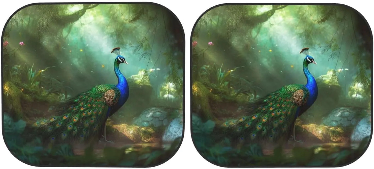 Peacock in Forest Windshield Sun Shade 2 PCS Foldable Car Front Window Sunshade for Sun, Heat and UV Rays Auto Sun Blocker Visor Protector with Storage Bag for Cars, SUVs Small