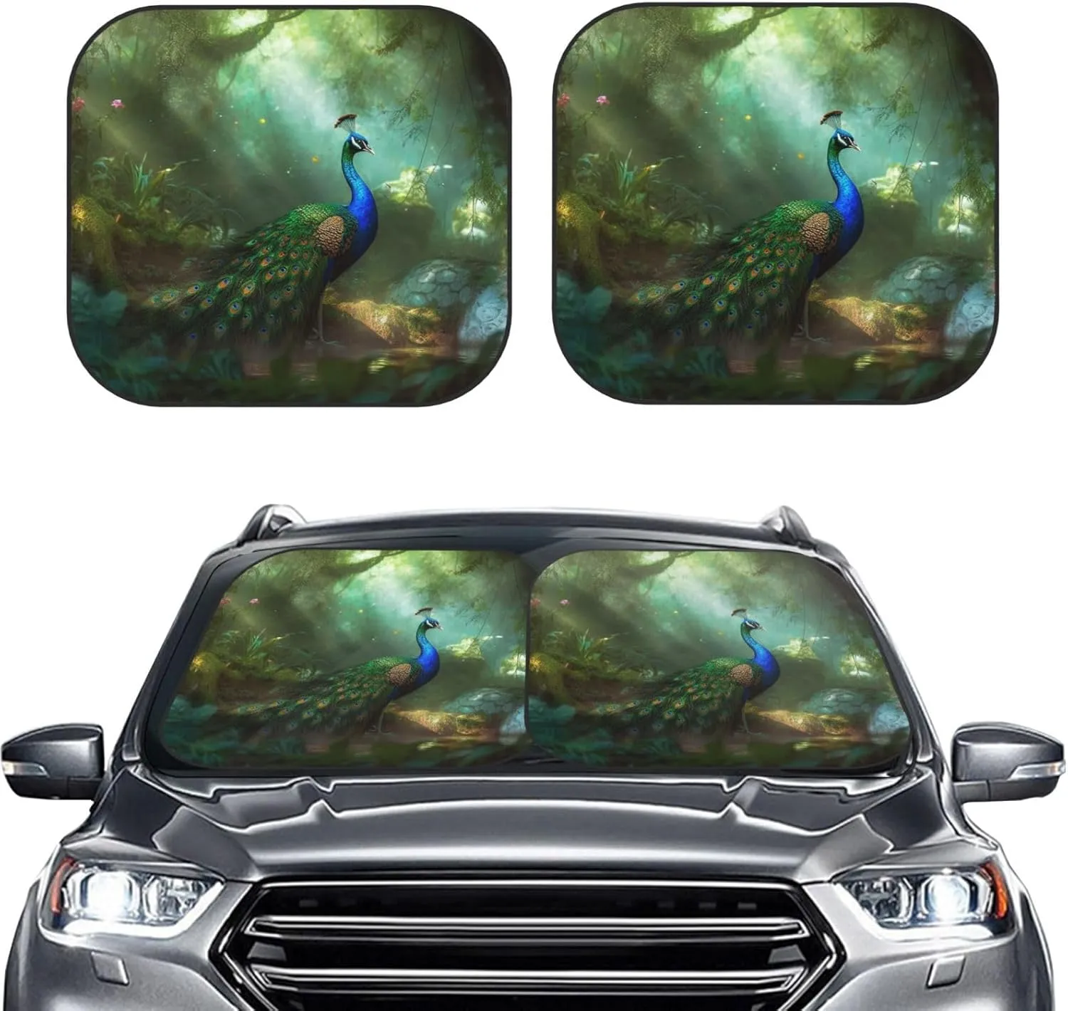 Peacock in Forest Windshield Sun Shade 2 PCS Foldable Car Front Window Sunshade for Sun, Heat and UV Rays Auto Sun Blocker Visor Protector with Storage Bag for Cars, SUVs Small
