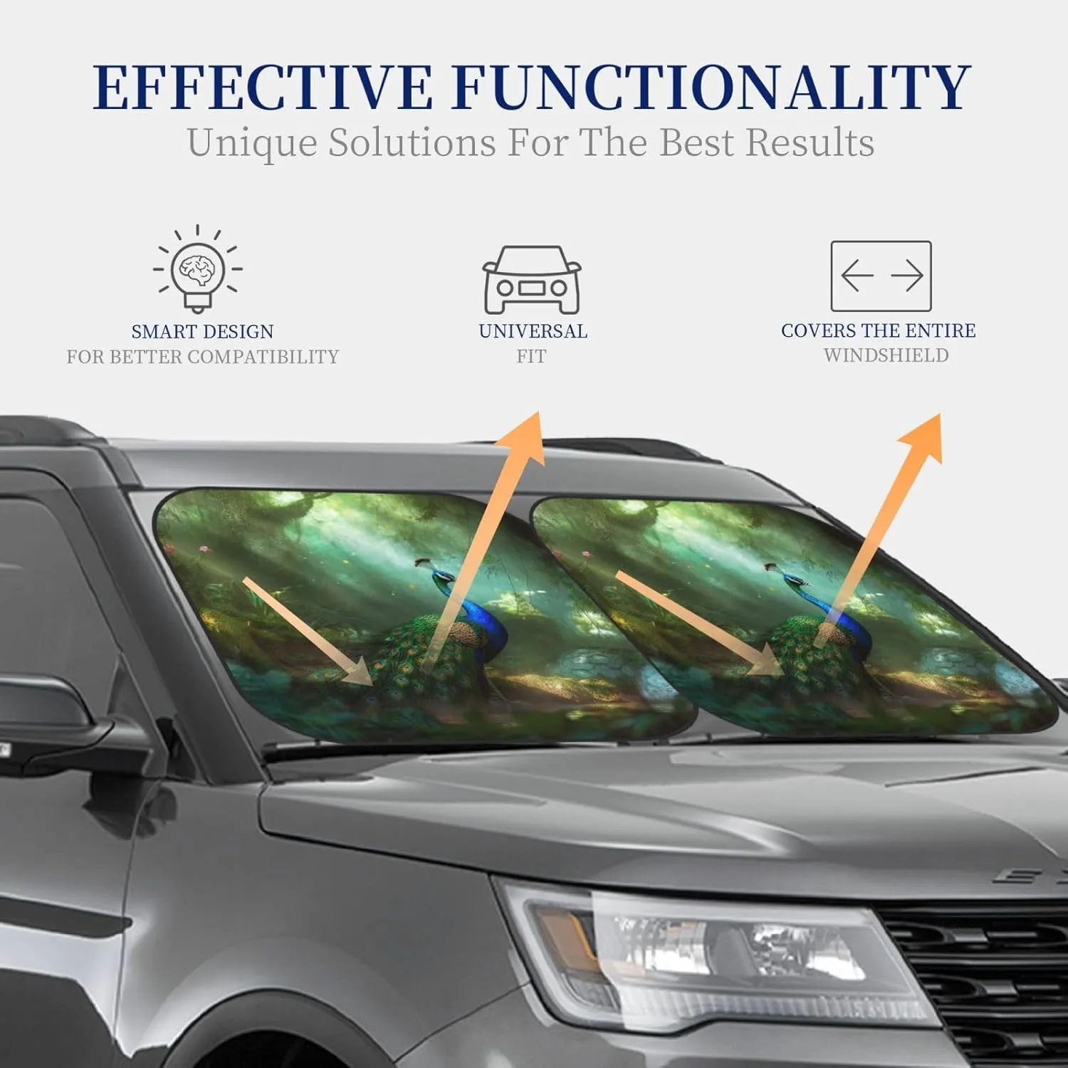 Peacock in Forest Windshield Sun Shade 2 PCS Foldable Car Front Window Sunshade for Sun, Heat and UV Rays Auto Sun Blocker Visor Protector with Storage Bag for Cars, SUVs Small