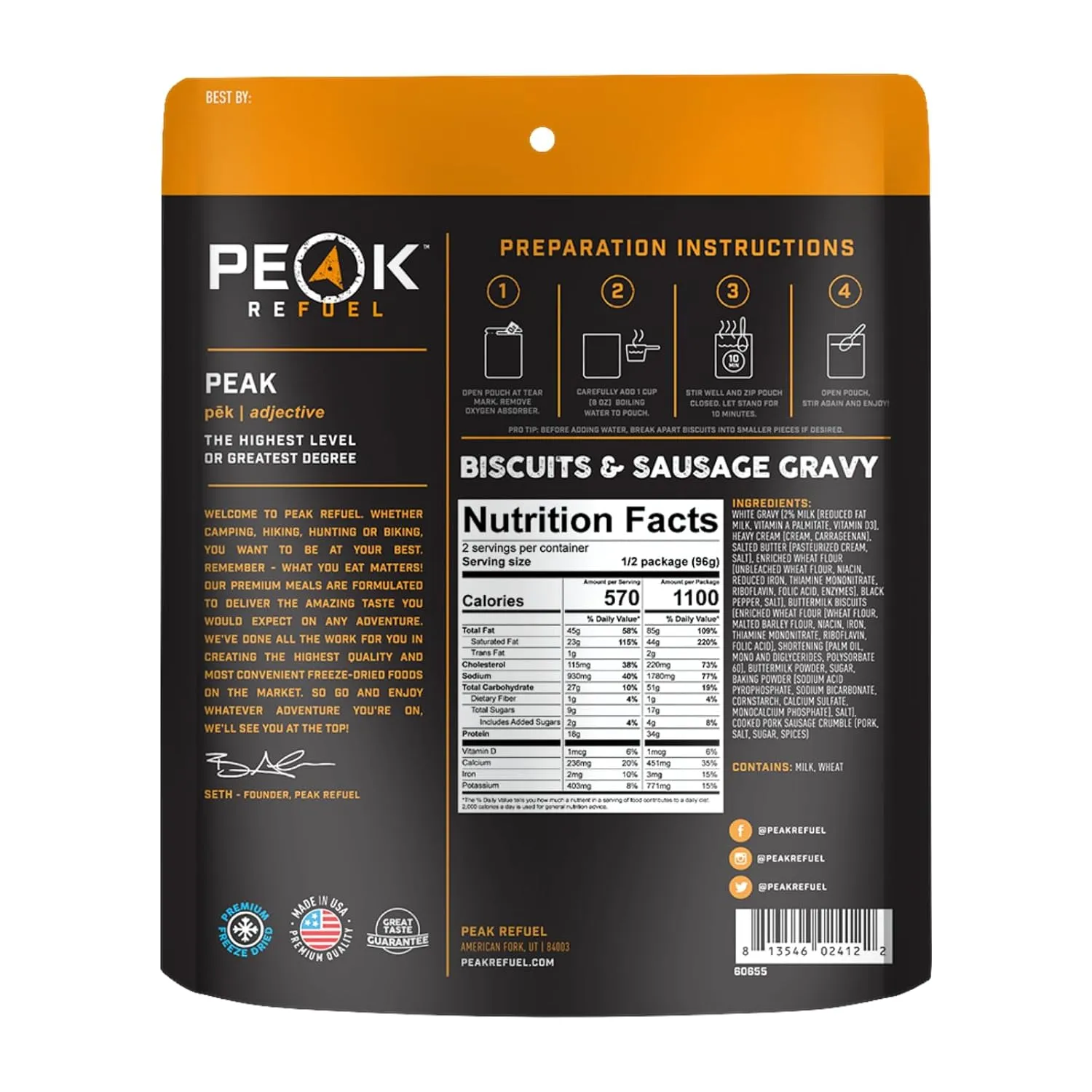 Peak Refuel Breakfast Meals | Freeze Dried Backpacking, Camping & Emergency Prep Food | 2 Servings Pouches (1-Pack, Biscuits & Gravy)