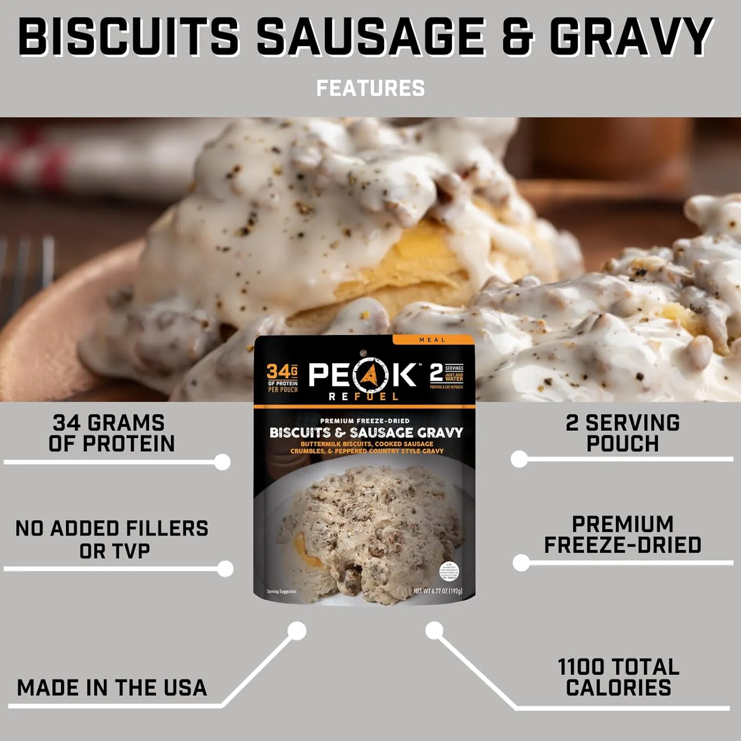 Peak Refuel Breakfast Meals | Freeze Dried Backpacking, Camping & Emergency Prep Food | 2 Servings Pouches (1-Pack, Biscuits & Gravy)