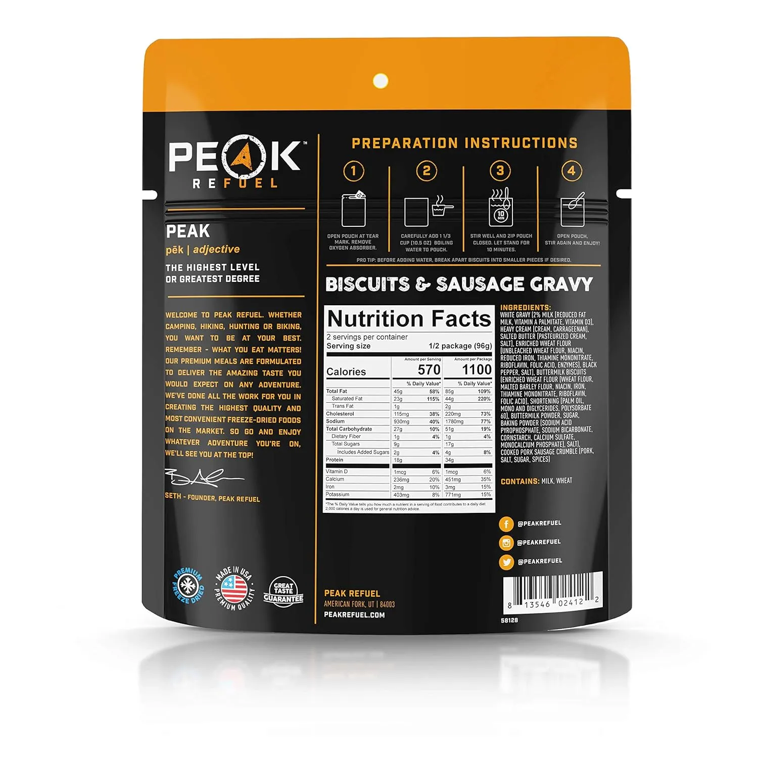 Peak Refuel Breakfast Meals | Freeze Dried Backpacking, Camping & Emergency Prep Food | 2 Servings Pouches (6-Pack, Biscuits & Gravy)