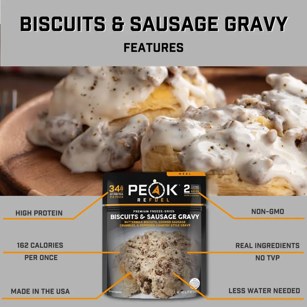 Peak Refuel Breakfast Meals | Freeze Dried Backpacking, Camping & Emergency Prep Food | 2 Servings Pouches (6-Pack, Biscuits & Gravy)