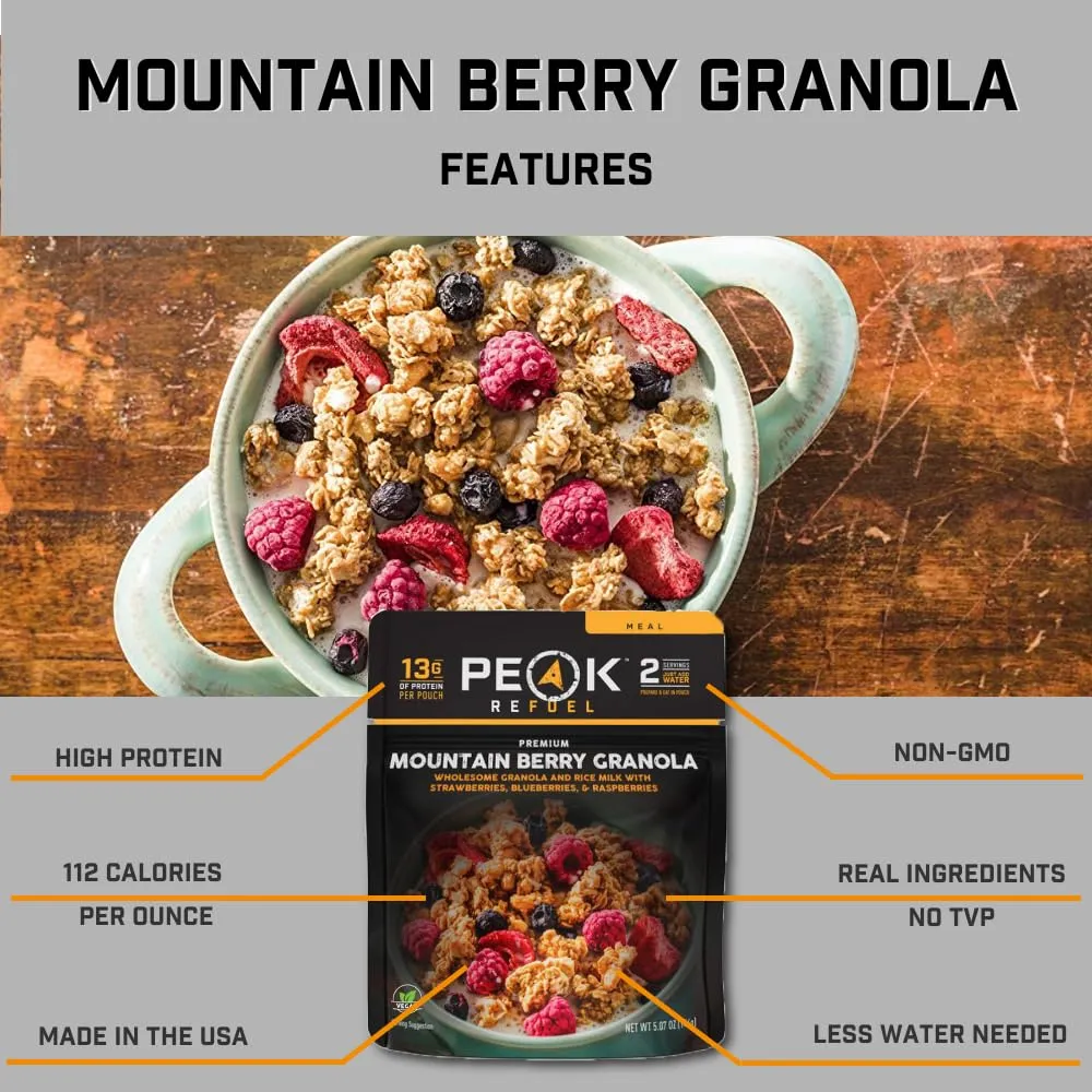Peak Refuel Breakfast Meals | Freeze Dried Backpacking, Camping & Emergency Prep Food | 2 Servings Pouches (6-Pack, Mountain Berry Granola)