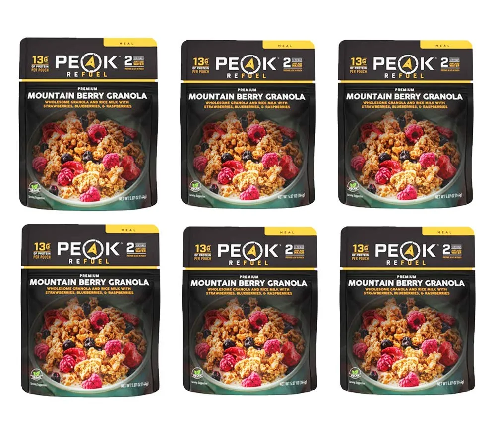 Peak Refuel Breakfast Meals | Freeze Dried Backpacking, Camping & Emergency Prep Food | 2 Servings Pouches (6-Pack, Mountain Berry Granola)