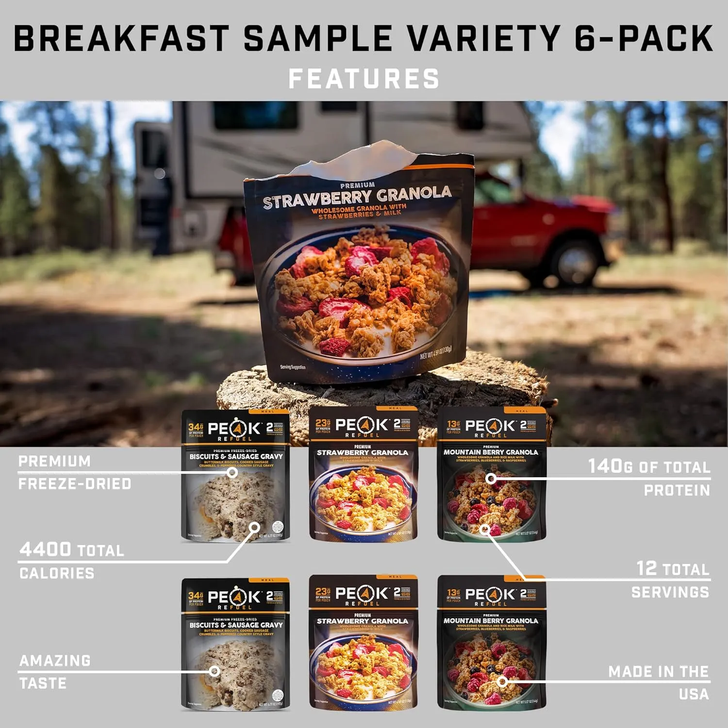 Peak Refuel Breakfast Variety 6 Pack | Premium Freeze Dried Camping Food | Backpacking & Hiking MRE Meals | Just Add Water | 100% Real Meat | 12 Total Servings