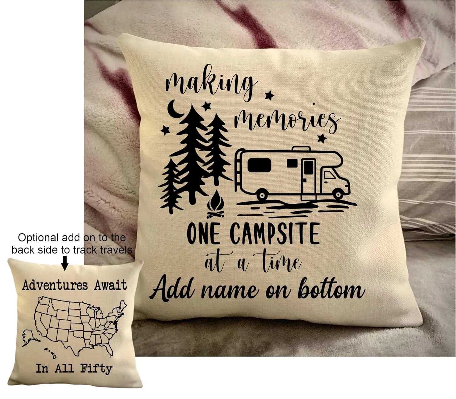 Personalized camper decorative throw pillow cover, making memories one campsite at a time camping pillow case, USA travel Map pillow sham, gift rver (Class C motorhome camper, 18" x 18")