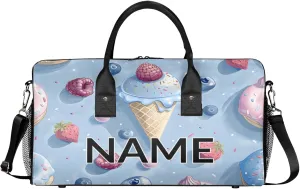 Personalized Cute Ice Cream Travel Duffel Bag with Name, Custom Gym Sport Bag Colorful Sweet Carry On Weekend Overnight Duffel Bag for Men Women