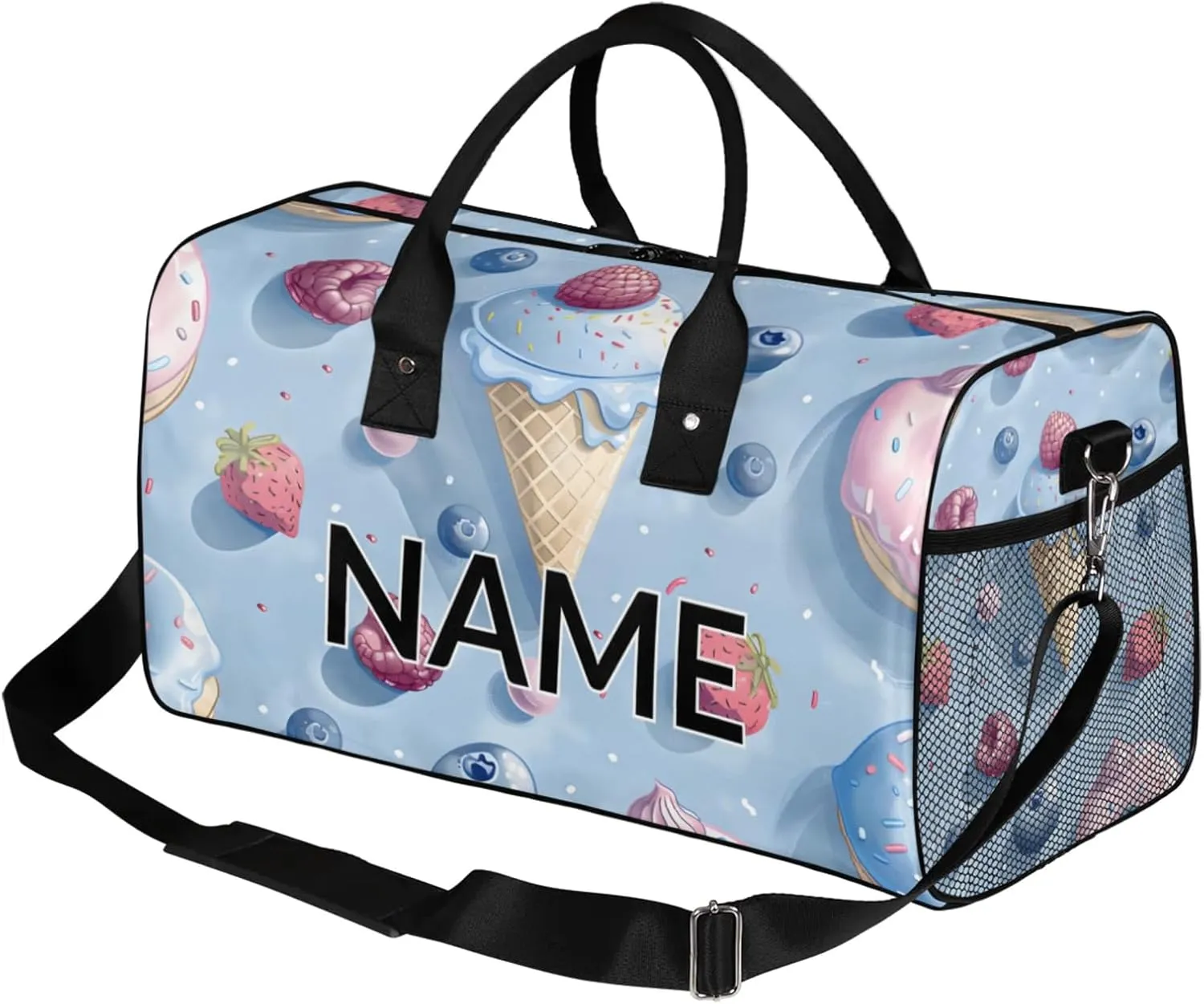 Personalized Cute Ice Cream Travel Duffel Bag with Name, Custom Gym Sport Bag Colorful Sweet Carry On Weekend Overnight Duffel Bag for Men Women