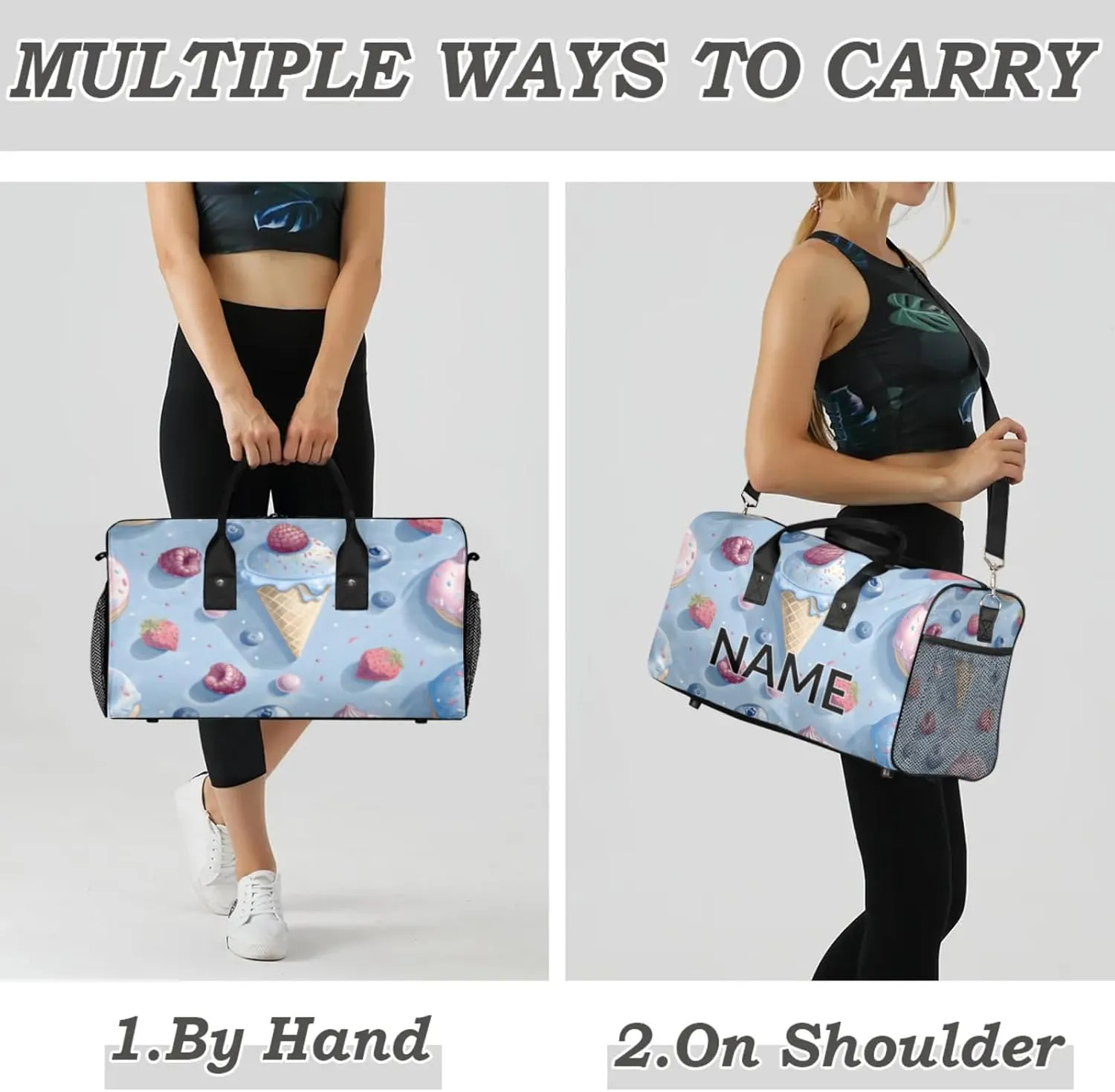 Personalized Cute Ice Cream Travel Duffel Bag with Name, Custom Gym Sport Bag Colorful Sweet Carry On Weekend Overnight Duffel Bag for Men Women