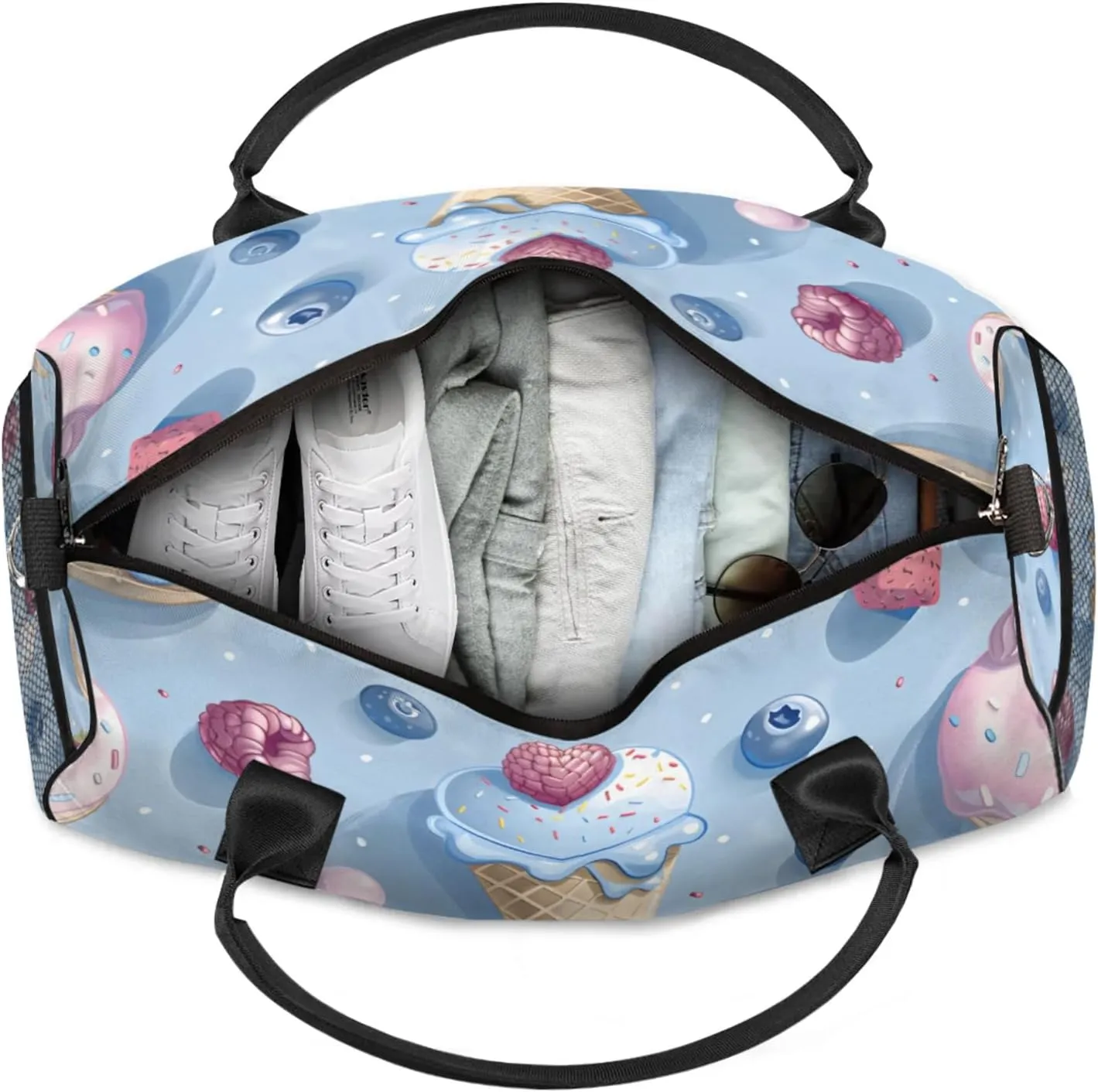 Personalized Cute Ice Cream Travel Duffel Bag with Name, Custom Gym Sport Bag Colorful Sweet Carry On Weekend Overnight Duffel Bag for Men Women