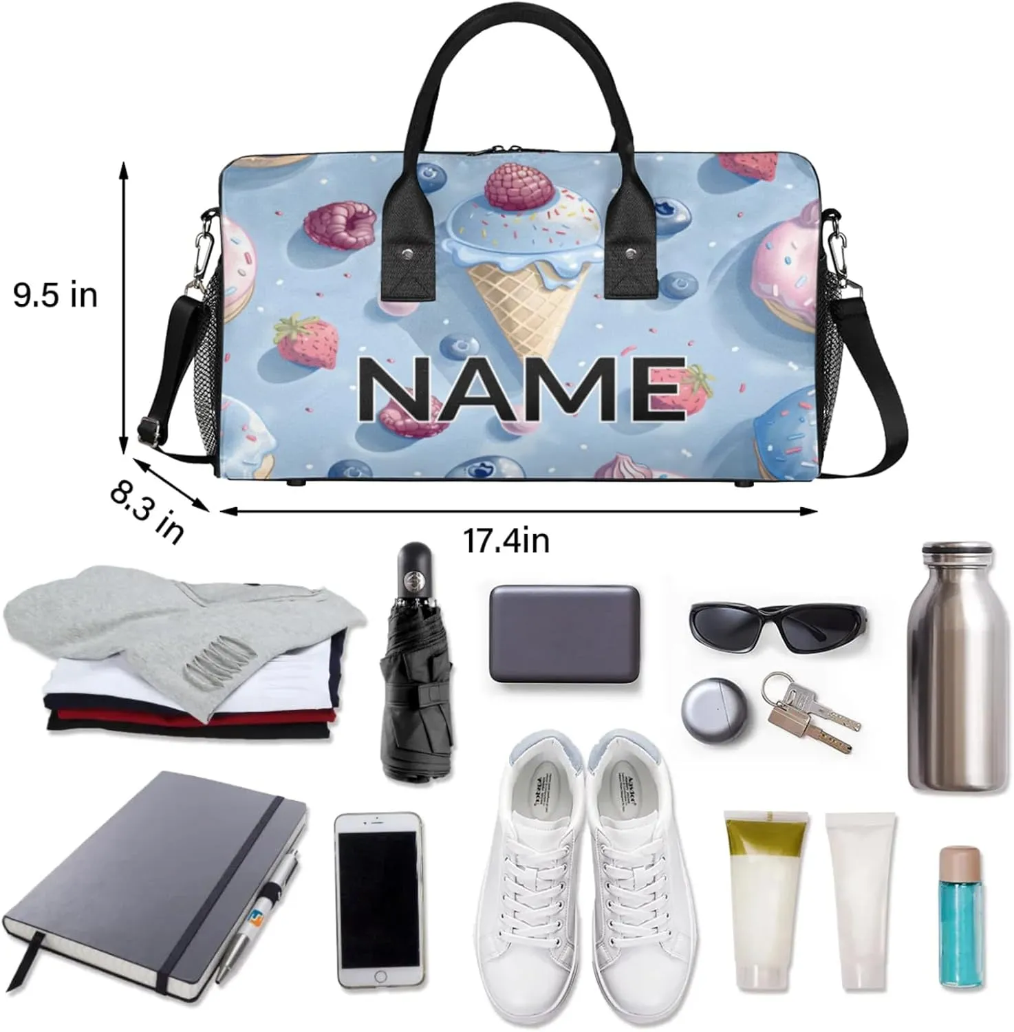 Personalized Cute Ice Cream Travel Duffel Bag with Name, Custom Gym Sport Bag Colorful Sweet Carry On Weekend Overnight Duffel Bag for Men Women