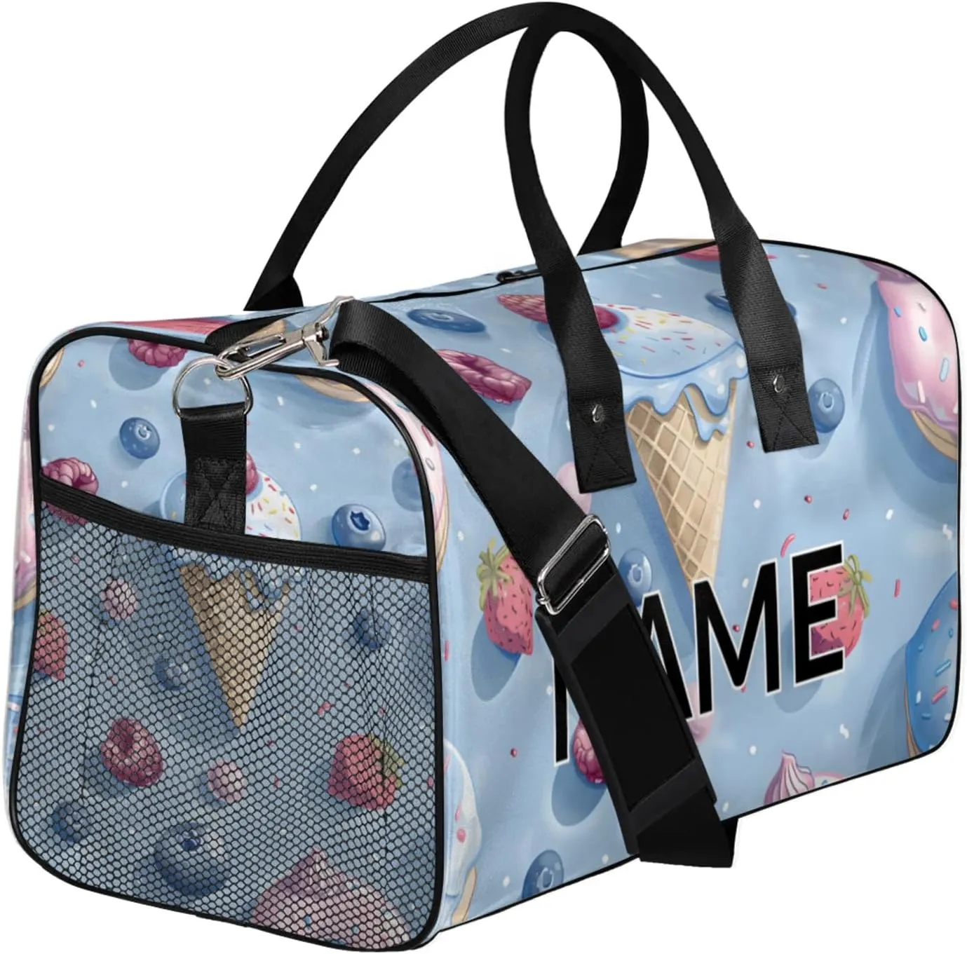 Personalized Cute Ice Cream Travel Duffel Bag with Name, Custom Gym Sport Bag Colorful Sweet Carry On Weekend Overnight Duffel Bag for Men Women