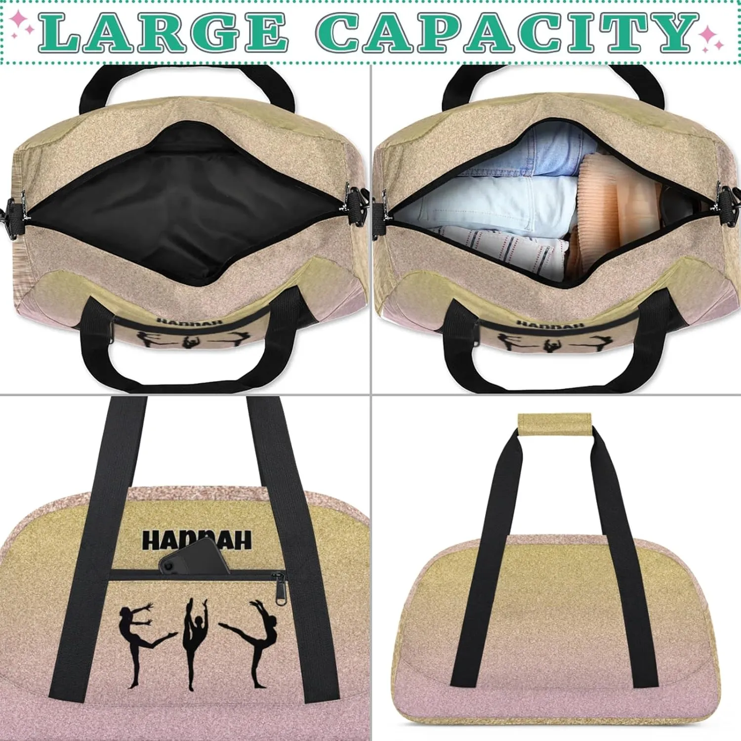 Personalized Gym Bag, Custom Dance Sport Duffel Dancing Weekender Bags Travel Bag, Gold with Pale Pink Glittering