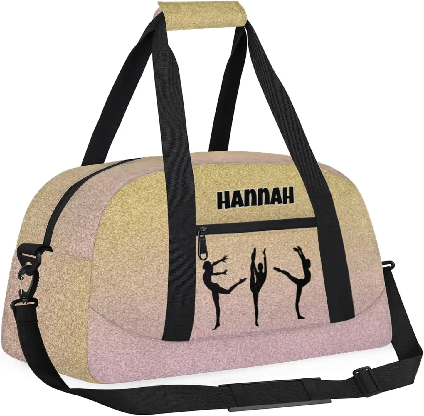 Personalized Gym Bag, Custom Dance Sport Duffel Dancing Weekender Bags Travel Bag, Gold with Pale Pink Glittering