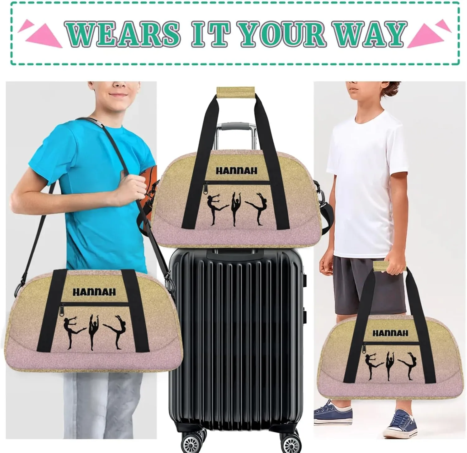 Personalized Gym Bag, Custom Dance Sport Duffel Dancing Weekender Bags Travel Bag, Gold with Pale Pink Glittering