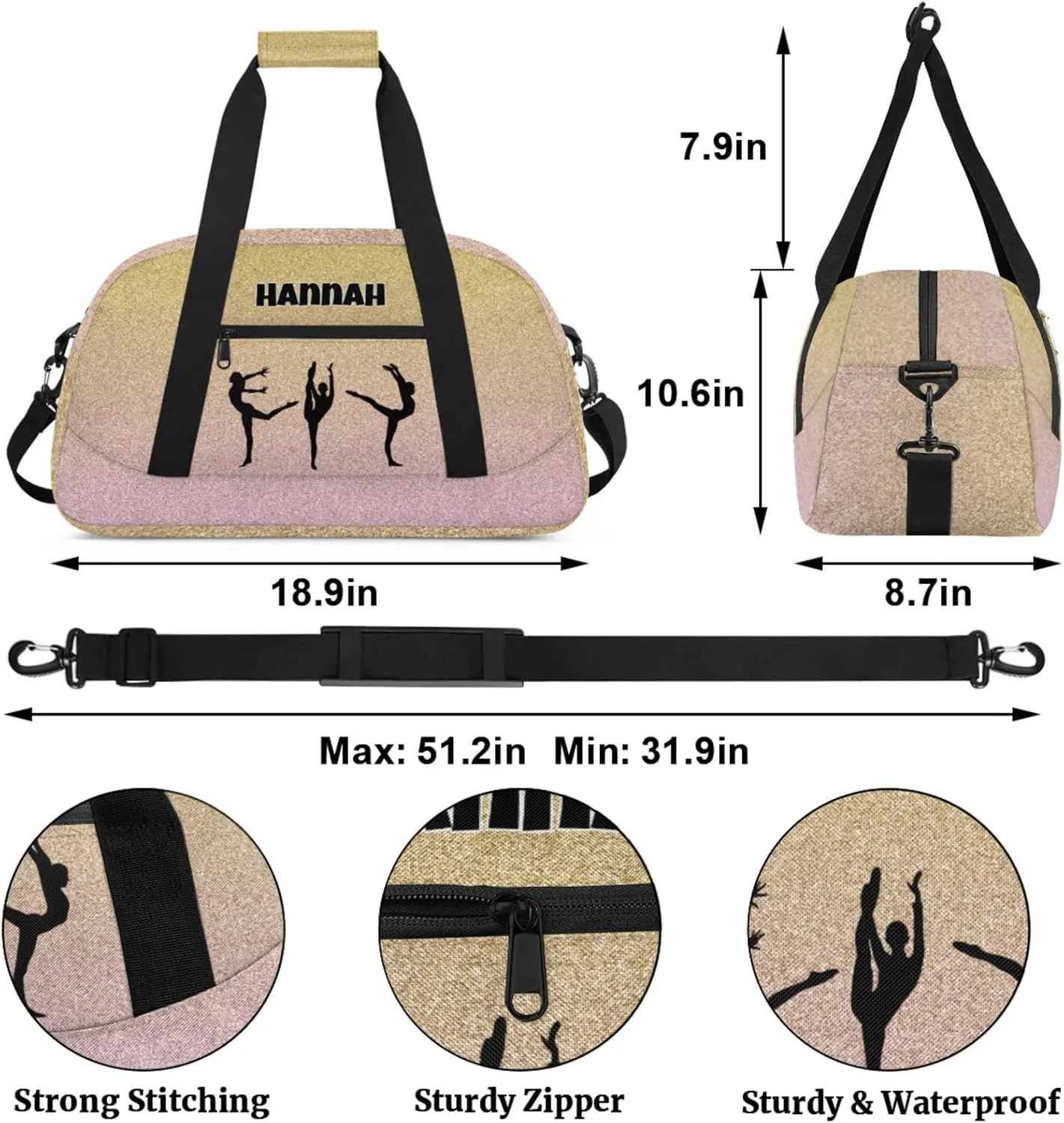 Personalized Gym Bag, Custom Dance Sport Duffel Dancing Weekender Bags Travel Bag, Gold with Pale Pink Glittering