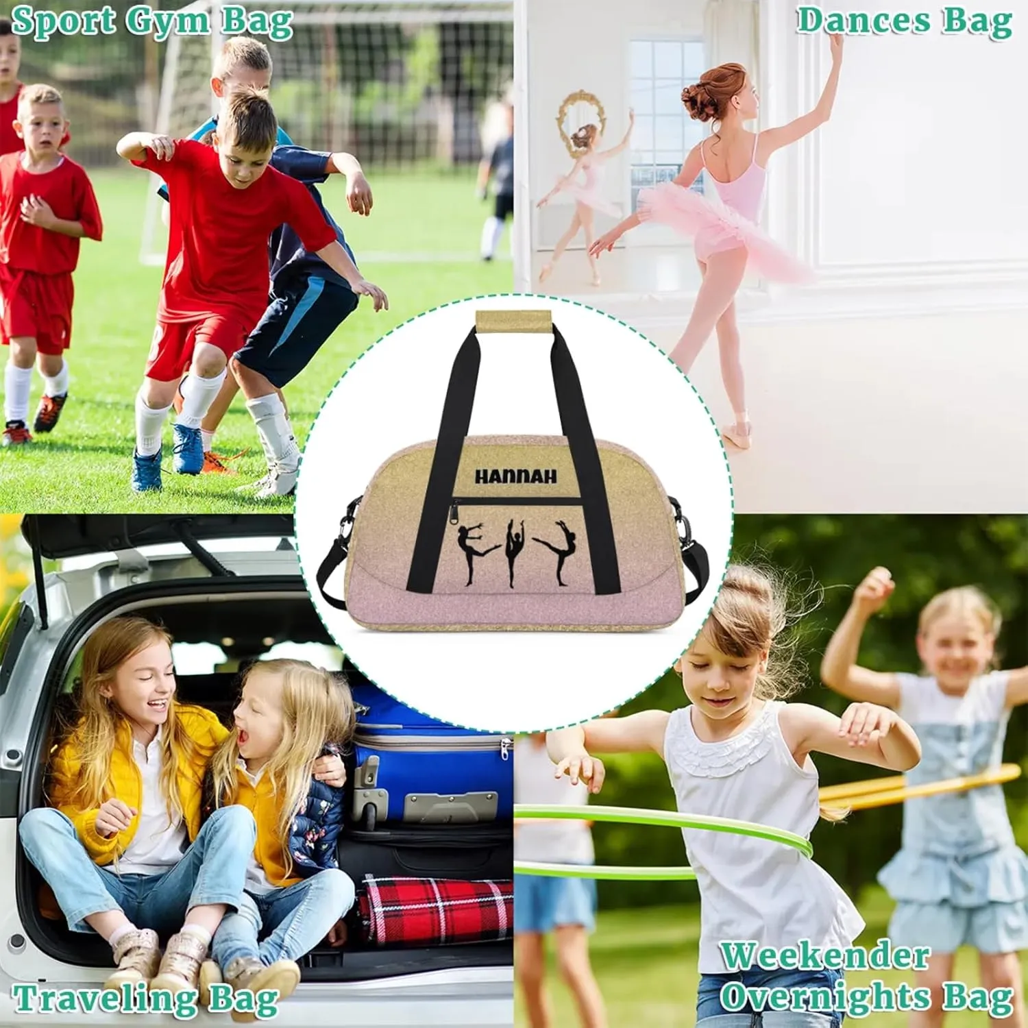 Personalized Gym Bag, Custom Dance Sport Duffel Dancing Weekender Bags Travel Bag, Gold with Pale Pink Glittering