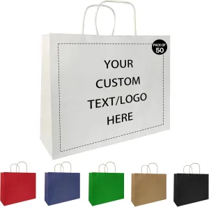 Personalized Paper Bags, 50 PCS Custom Printed Kraft Paper Bags for Small Business, Retail Gift Bags with Logo, Brown Shopping bag with Handle, Paper Bags, Party (Horizontal, 1count (Pack of 50))