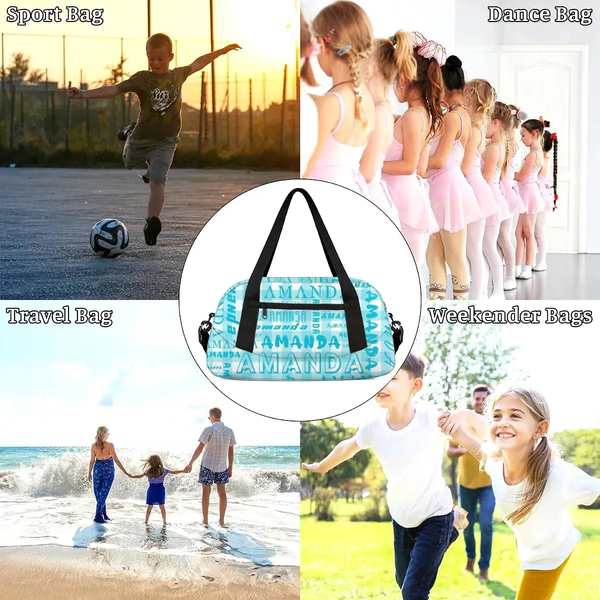 Personalized Sport Dance Bag Custom Boys Gym Bag Girls Ballet Dance Bag Customize Travel Duffle Bag with Name Overnight Weekender Bags (Cyan Grid)