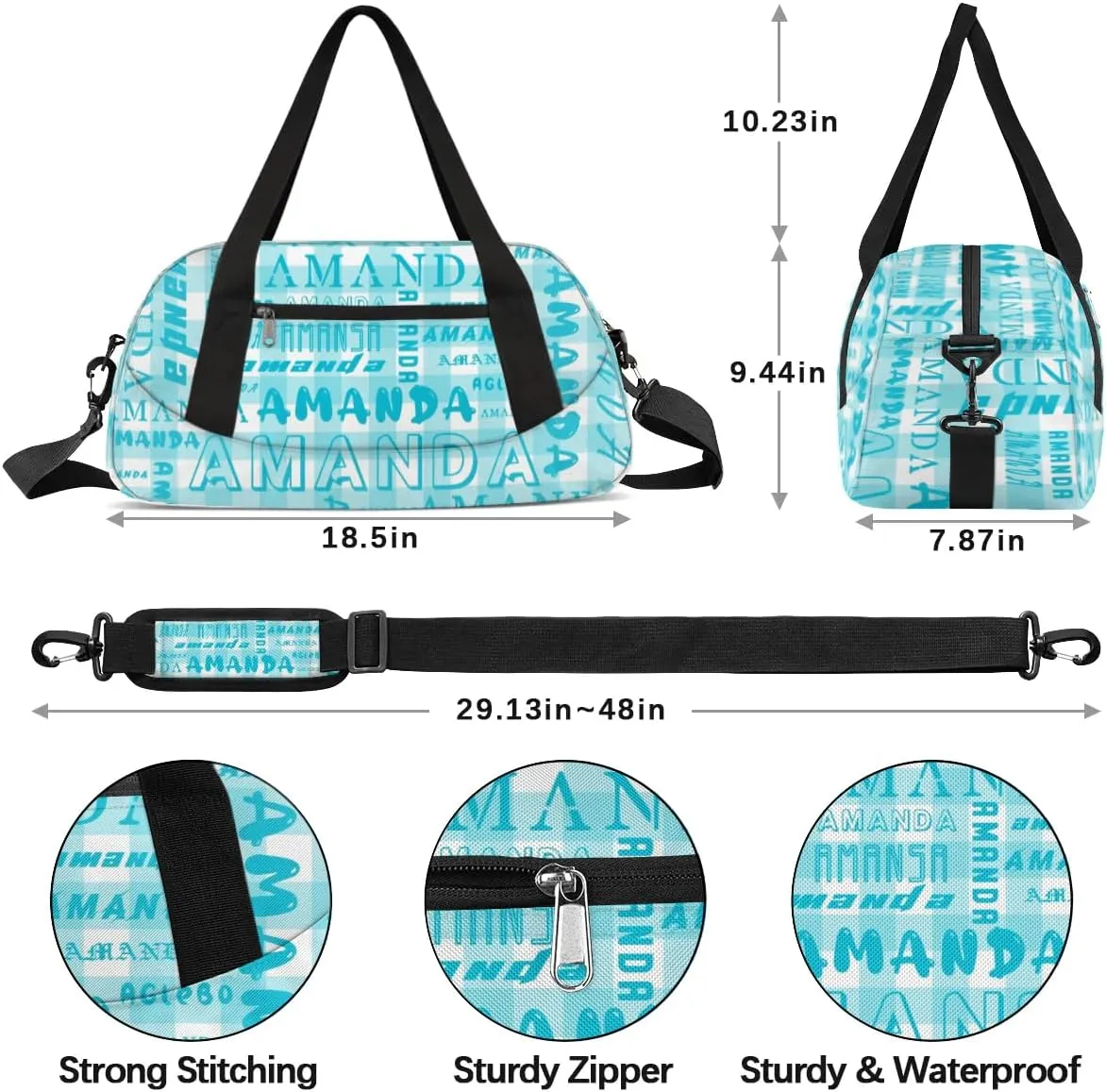 Personalized Sport Dance Bag Custom Boys Gym Bag Girls Ballet Dance Bag Customize Travel Duffle Bag with Name Overnight Weekender Bags (Cyan Grid)
