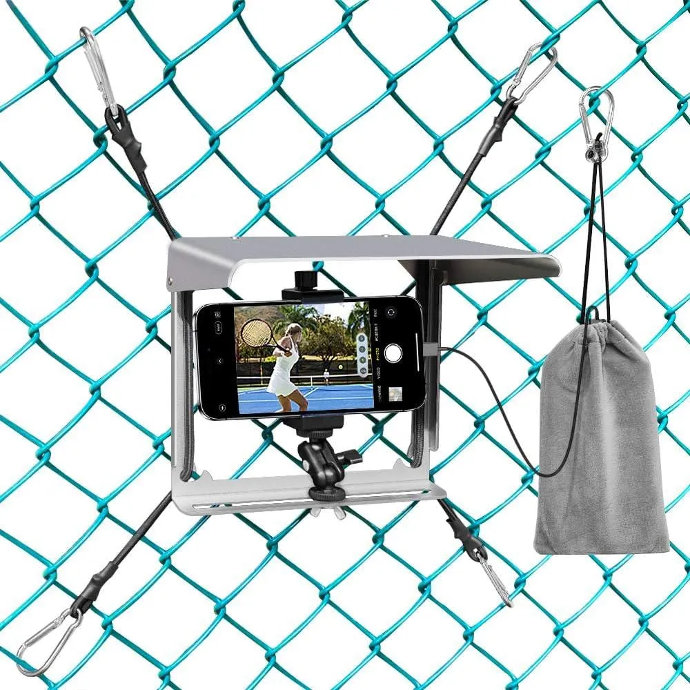 Phone Fence Mount with Shade, Fence Phones Holder for iPhone, Mevo Start, GoPro and Other Action Cameras, Perfect for Recording Baseball, Softball and Tennis Games (Silver with Bag)