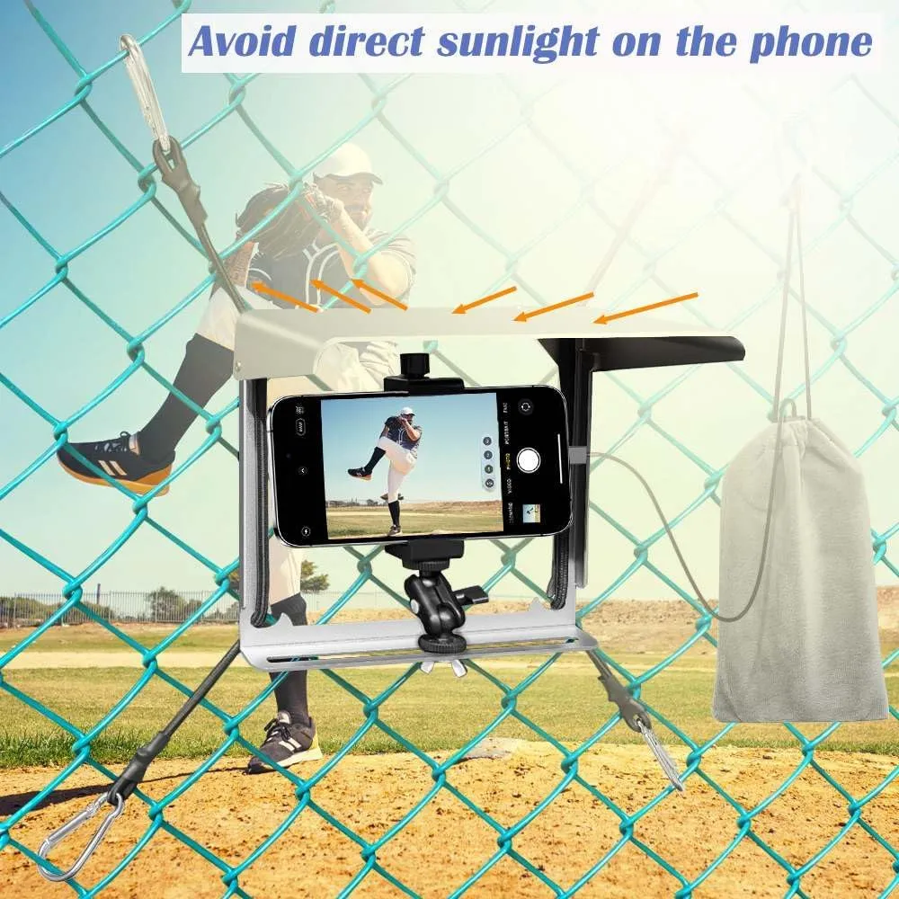 Phone Fence Mount with Shade, Fence Phones Holder for iPhone, Mevo Start, GoPro and Other Action Cameras, Perfect for Recording Baseball, Softball and Tennis Games (Silver with Bag)