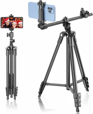 Phone Tripod, Lusweimi 67-inch Horizontal Stand with 360° Adjustable Ball Head and Wireless Remote for Camera/iPhone/Webcam, Tripod for Video Recording with Extended Arm/Clip Mount/Carry Bag