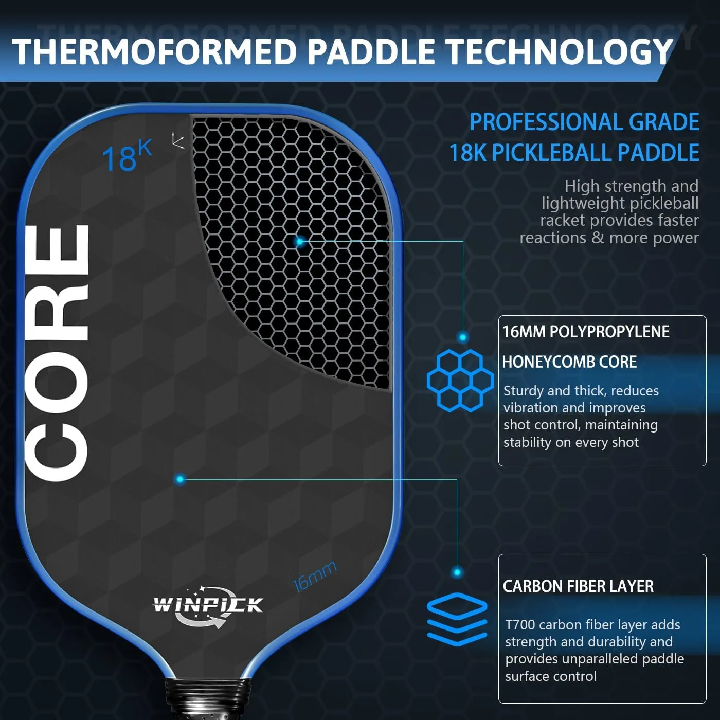 Pickleball Paddle, T700 Carbon Fiber Thermoformed Pickleball Paddle USAPA Approved with High Spin & Power, 16MM Polypropylene Honeycomb Core, Anti-Slip Comfort Grip 18K Pickleball Racket