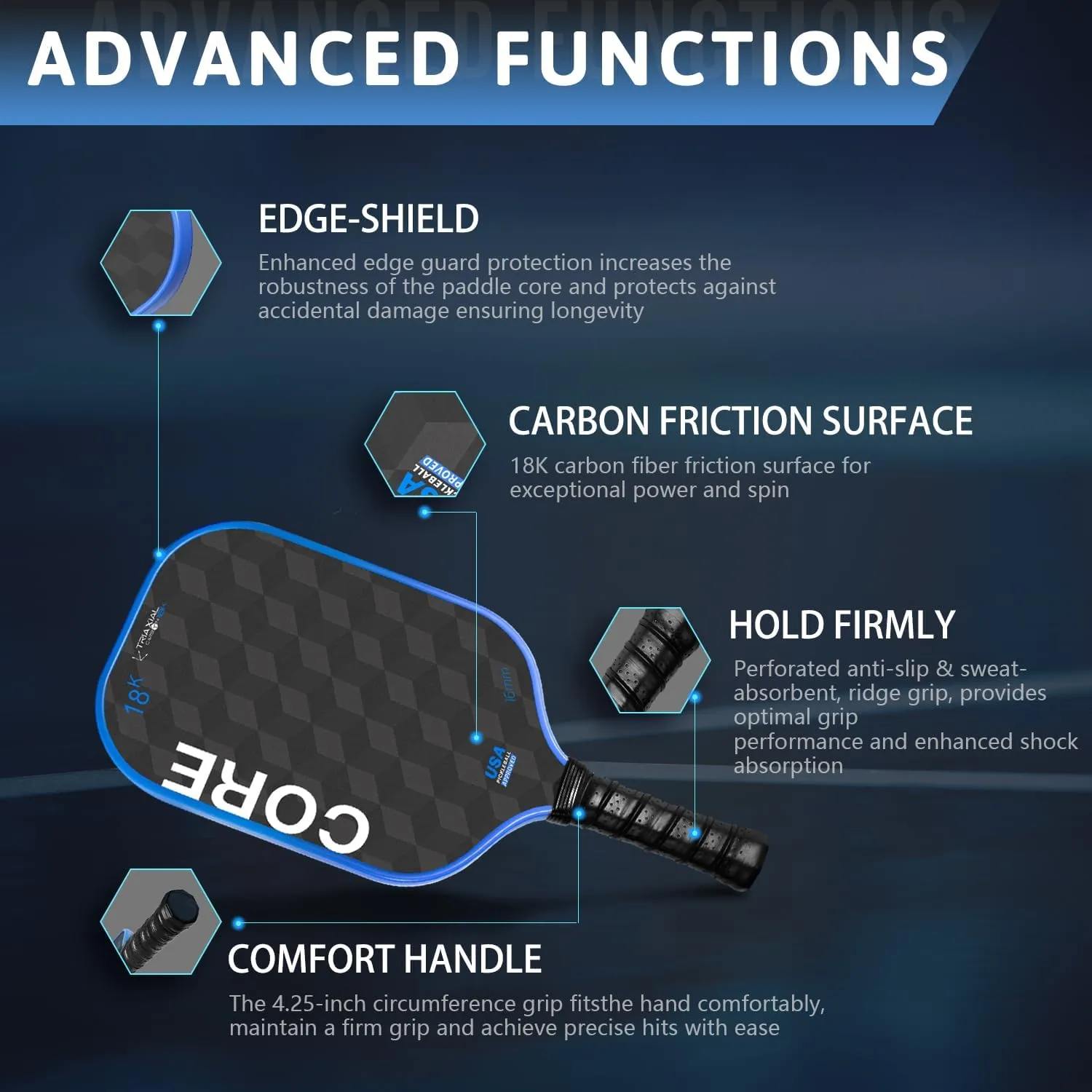 Pickleball Paddle, T700 Carbon Fiber Thermoformed Pickleball Paddle USAPA Approved with High Spin & Power, 16MM Polypropylene Honeycomb Core, Anti-Slip Comfort Grip 18K Pickleball Racket