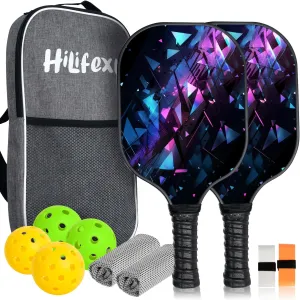 Pickleball Paddles Set of 2, Hilifexll Carbon Fiber Surface Pickleball Rackets, Polypropylene Honeycomb Core, Anti-Slip Sweat-Absorbing Grip, 4 Pickleball, 2 Cooling Towels, Carry Bag for Men Women