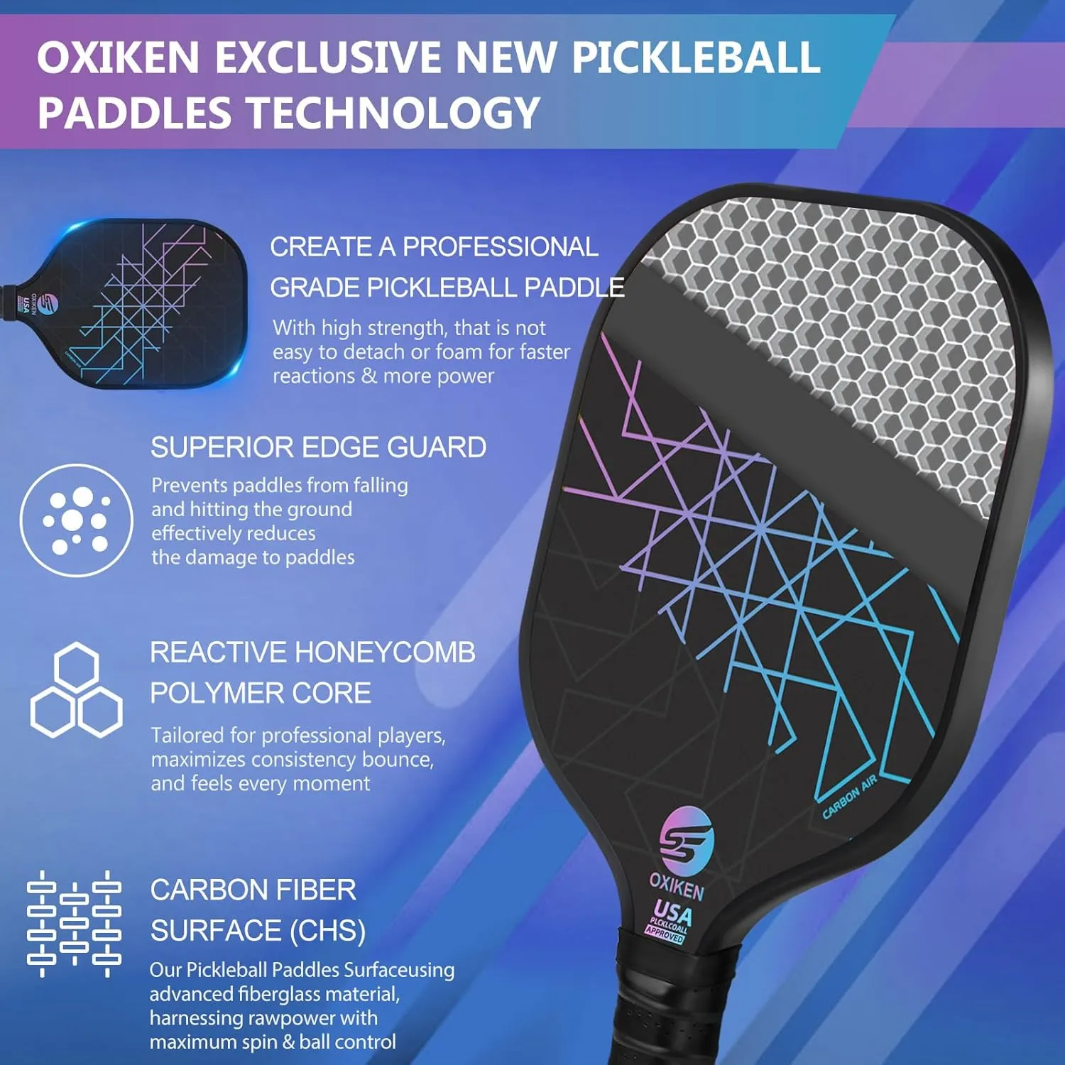 Pickleball Paddles Set of 2, USAPA Approved Carbon Fiber Pickle Ball Paddle (CHS) Polypropylene Honeycomb Core, Anti Slip Sweat Absorbing Grip, 2 Outdoor Pickleball, 2 Indoor Pickleball, Bag
