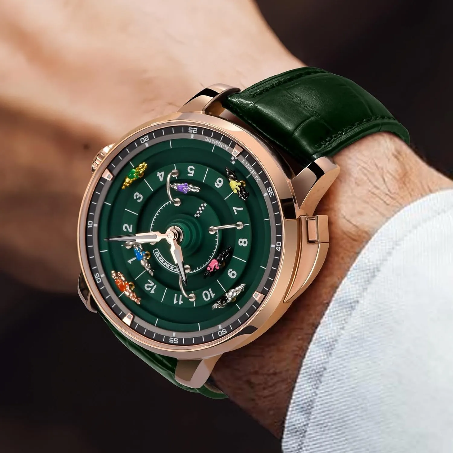 PINDU Automatic Watches for Men, NH35A Movement Design Button Control Rotating Horse Racing Game Watch with 7 Metal Horses, Mechanical Watch for Board Game Night