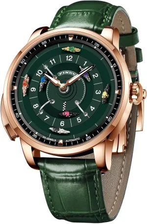 PINDU Automatic Watches for Men, NH35A Movement Design Button Control Rotating Horse Racing Game Watch with 7 Metal Horses, Mechanical Watch for Board Game Night