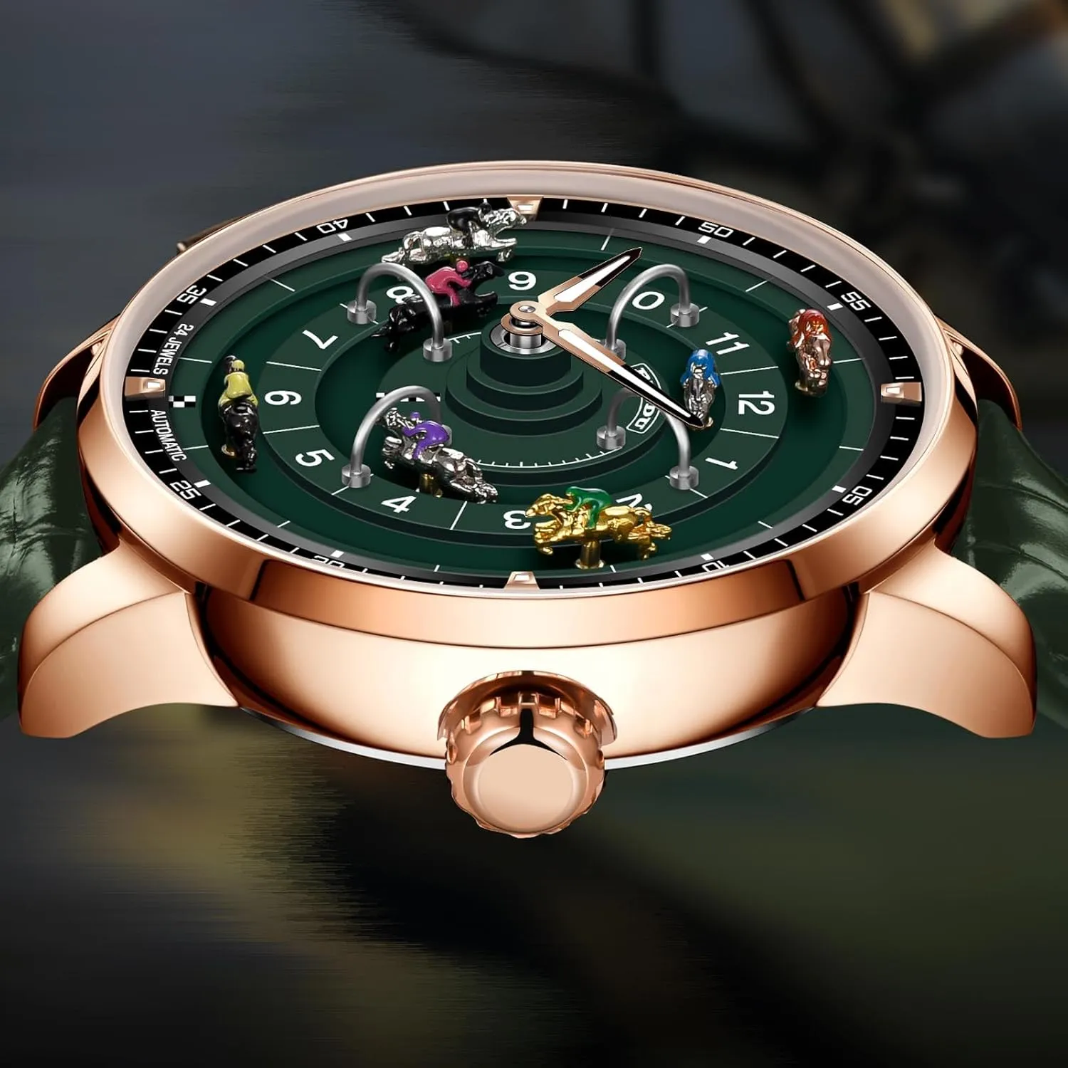 PINDU Automatic Watches for Men, NH35A Movement Design Button Control Rotating Horse Racing Game Watch with 7 Metal Horses, Mechanical Watch for Board Game Night