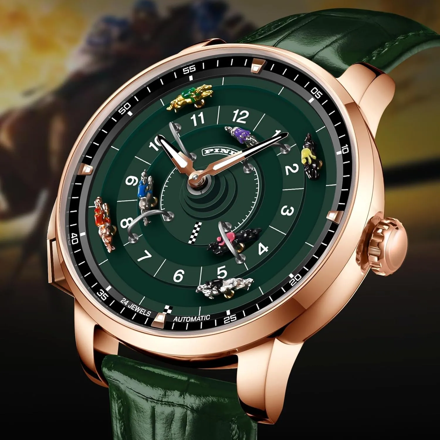 PINDU Automatic Watches for Men, NH35A Movement Design Button Control Rotating Horse Racing Game Watch with 7 Metal Horses, Mechanical Watch for Board Game Night