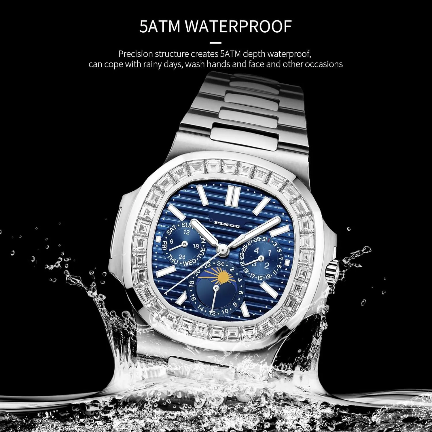 PINDU Automatic Watches for Men, Square Diamond Watch Stainless Steel Strap Skeleton Self-Winding Mechanical Watch Wrist Watch Gift for Men