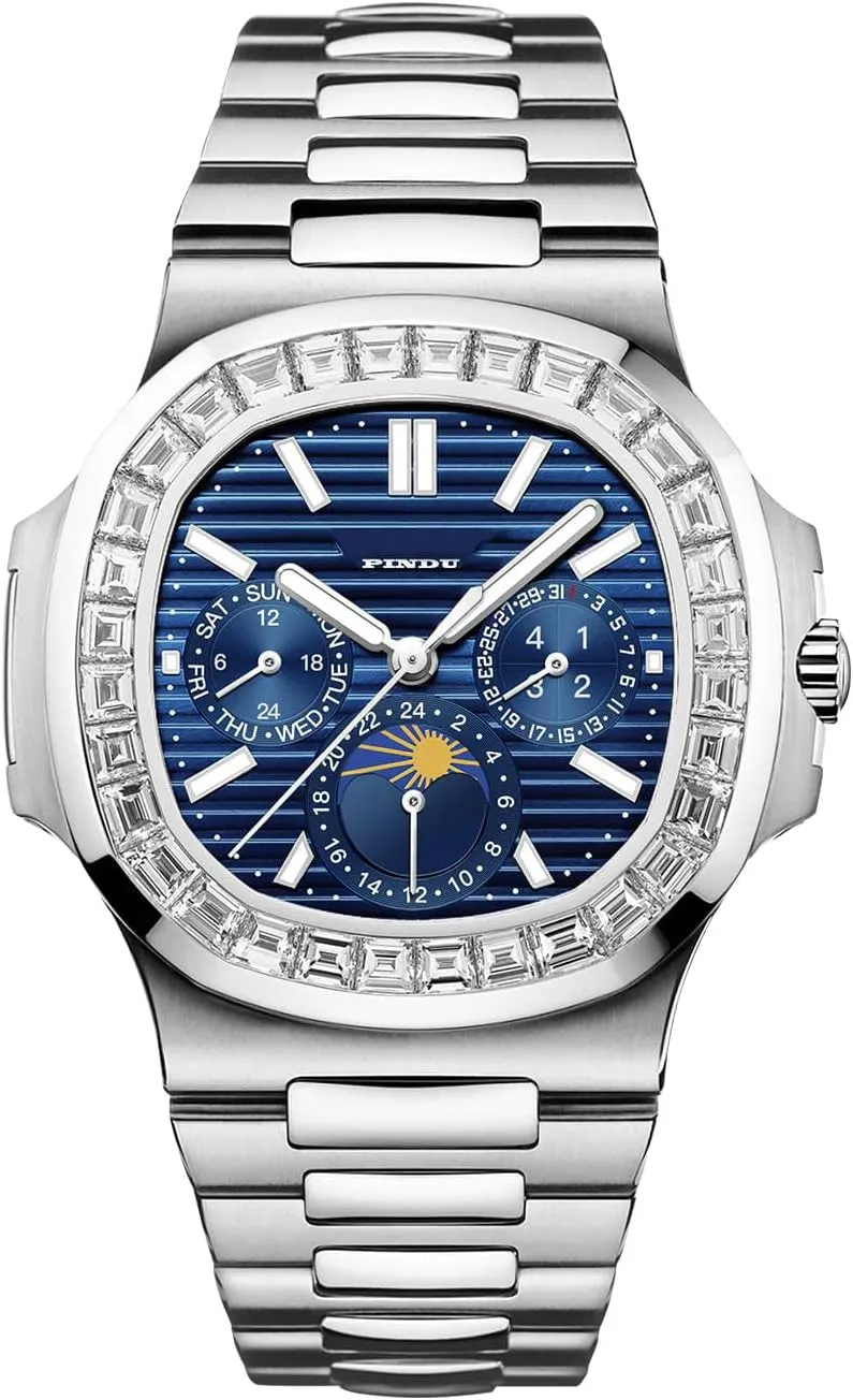 PINDU Automatic Watches for Men, Square Diamond Watch Stainless Steel Strap Skeleton Self-Winding Mechanical Watch Wrist Watch Gift for Men
