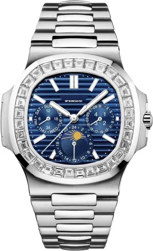 PINDU Automatic Watches for Men, Square Diamond Watch Stainless Steel Strap Skeleton Self-Winding Mechanical Watch Wrist Watch Gift for Men