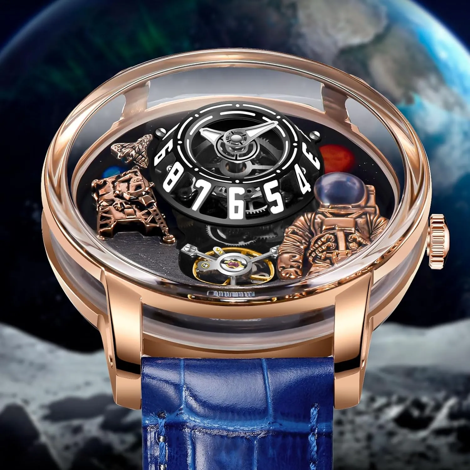PINDU Space Station Automatic Watches for Men, Automatically 50M Waterproof Mens Unique Space Style, Astronaut Leather Watch Mechanical Watch