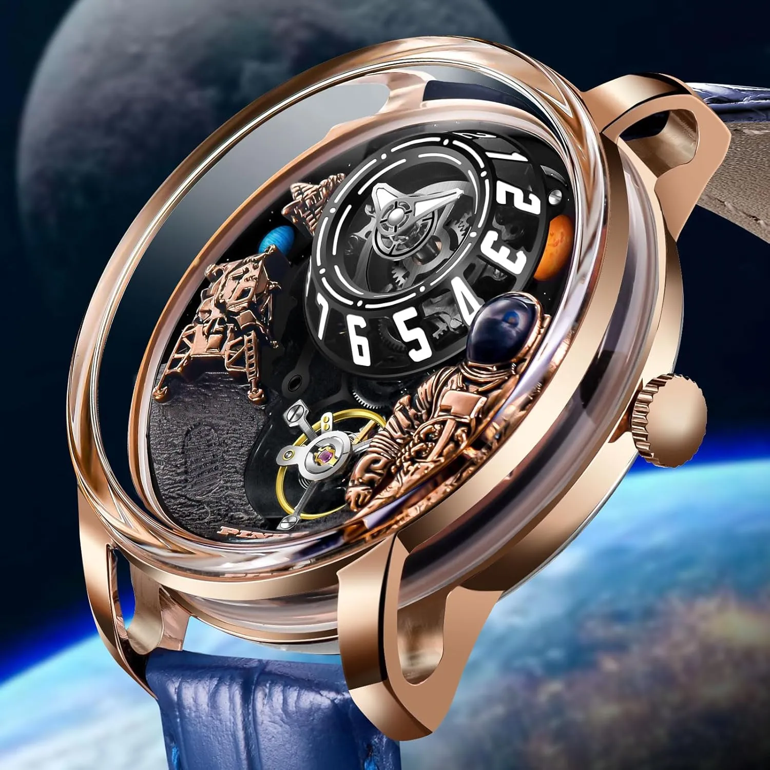 PINDU Space Station Automatic Watches for Men, Automatically 50M Waterproof Mens Unique Space Style, Astronaut Leather Watch Mechanical Watch