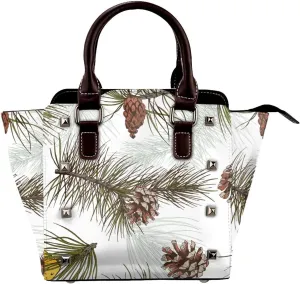 Pine Cones Tree Branch Women Leather Shoulder Bag Mini Rivet Handbag Tote Bag For Travel Work Shoping
