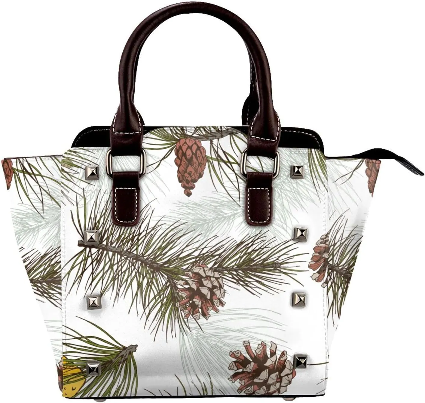 Pine Cones Tree Branch Women Leather Shoulder Bag Mini Rivet Handbag Tote Bag For Travel Work Shoping