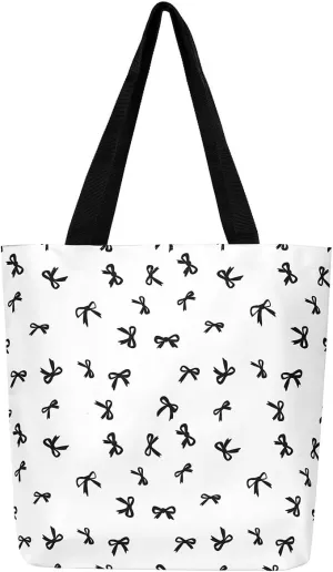 Pink Bowknot Canvas Tote Bag Kawaii Ribbon Bow Beach Bag,Sweet Girly Pink Bow Tie Shoulder Bag