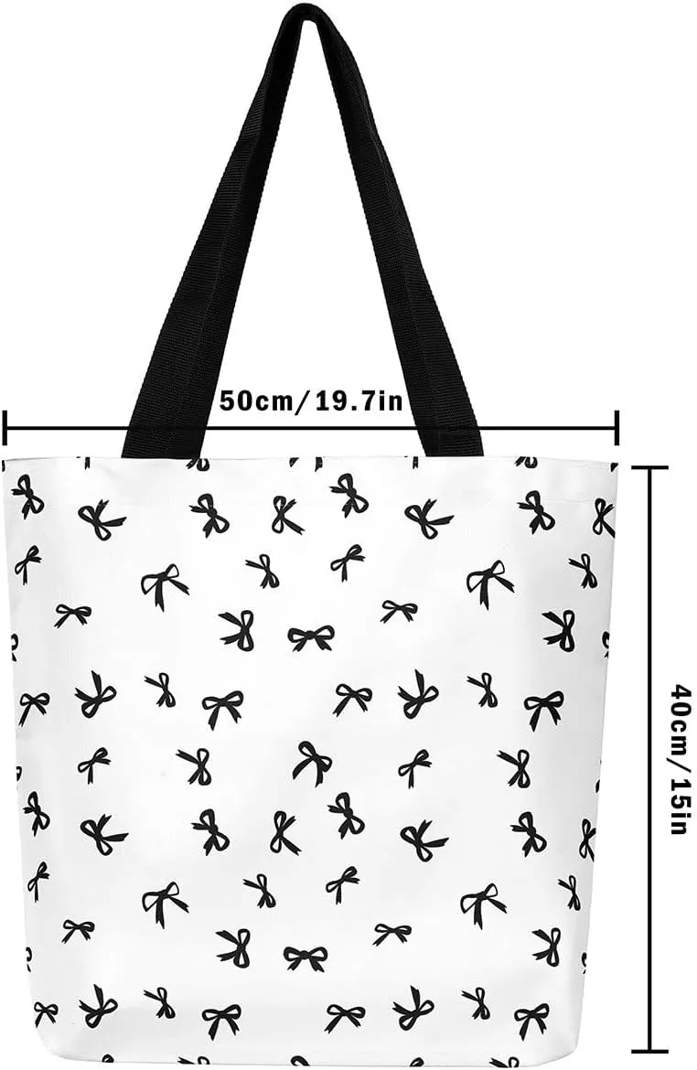 Pink Bowknot Canvas Tote Bag Kawaii Ribbon Bow Beach Bag,Sweet Girly Pink Bow Tie Shoulder Bag