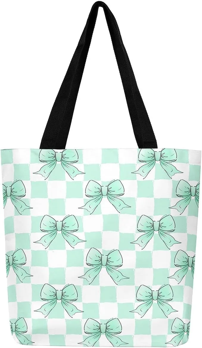 Pink Bowknot Canvas Tote Bag Kawaii Ribbon Bow Beach Bag,Sweet Girly Pink Bow Tie Shoulder Bag