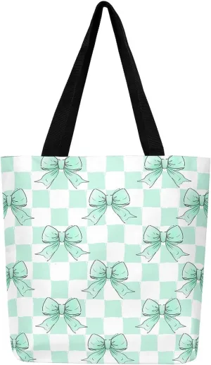 Pink Bowknot Canvas Tote Bag Kawaii Ribbon Bow Beach Bag,Sweet Girly Pink Bow Tie Shoulder Bag