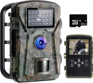 PINNKL Wildlife Camera with Night Vision Motion Activated, 24MP Video Trail Camera with 32GB SD Card, IP65 Waterproof, 940nm No Glow Night Vision, 2.4” LCD Screen, 0.3s Trigger Time and 120° Wide Len