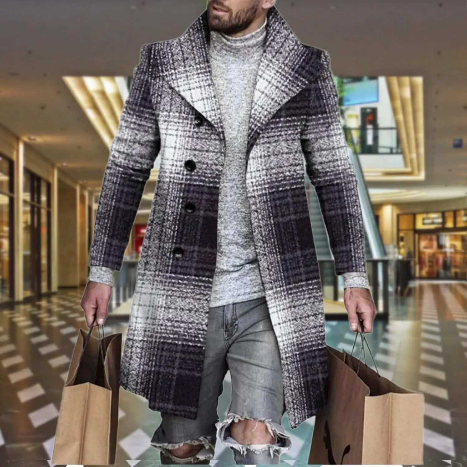 Plaid Trench Coat for Mens Lapel Single Breasted Slim Jacket Overcoat Vintage Graphic Wool Blend Formal Pea Coats